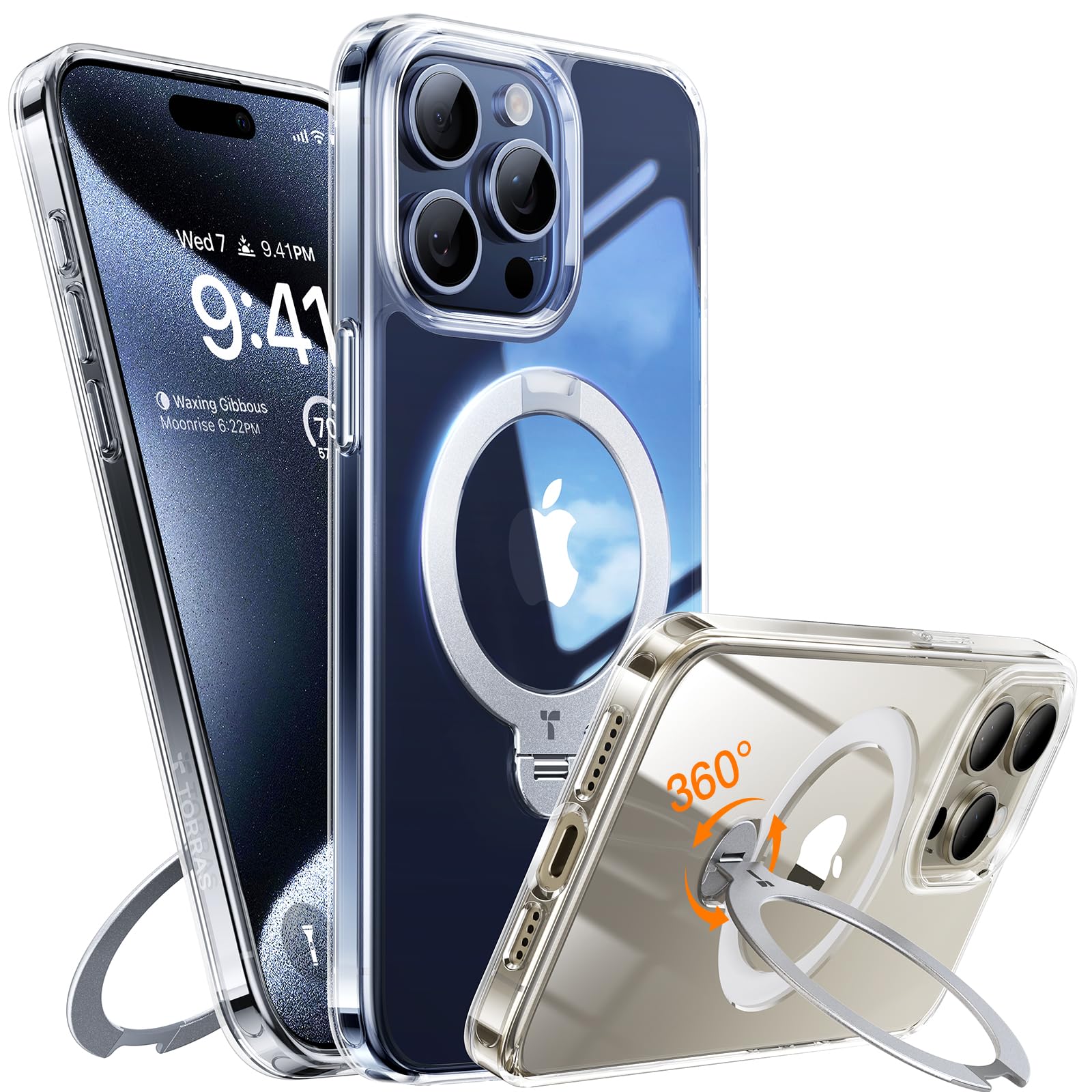 TORRAS 360° Spin Magnetic Stand for iPhone 15 Pro Max Case, Compatible with Magsafe,14 FT Military Grade Shockproof Slim Protective iPhone 15 Pro Max Case with Kickstand Ring Holder, Ostand Spin-Clear — image 1