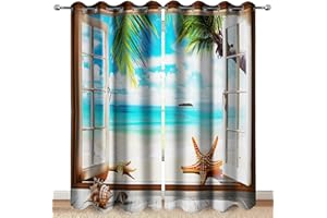 MISSHOPE Ocean Beach Blackout Curtains Seaside Palm Tree Shell Starfish Decor Coast Sunshine Blue Sky Summer Curtain Women Men Girls Boys Bedroom Living Room Darkening Grommet Window Drapes 2 Panels, 52"x84"