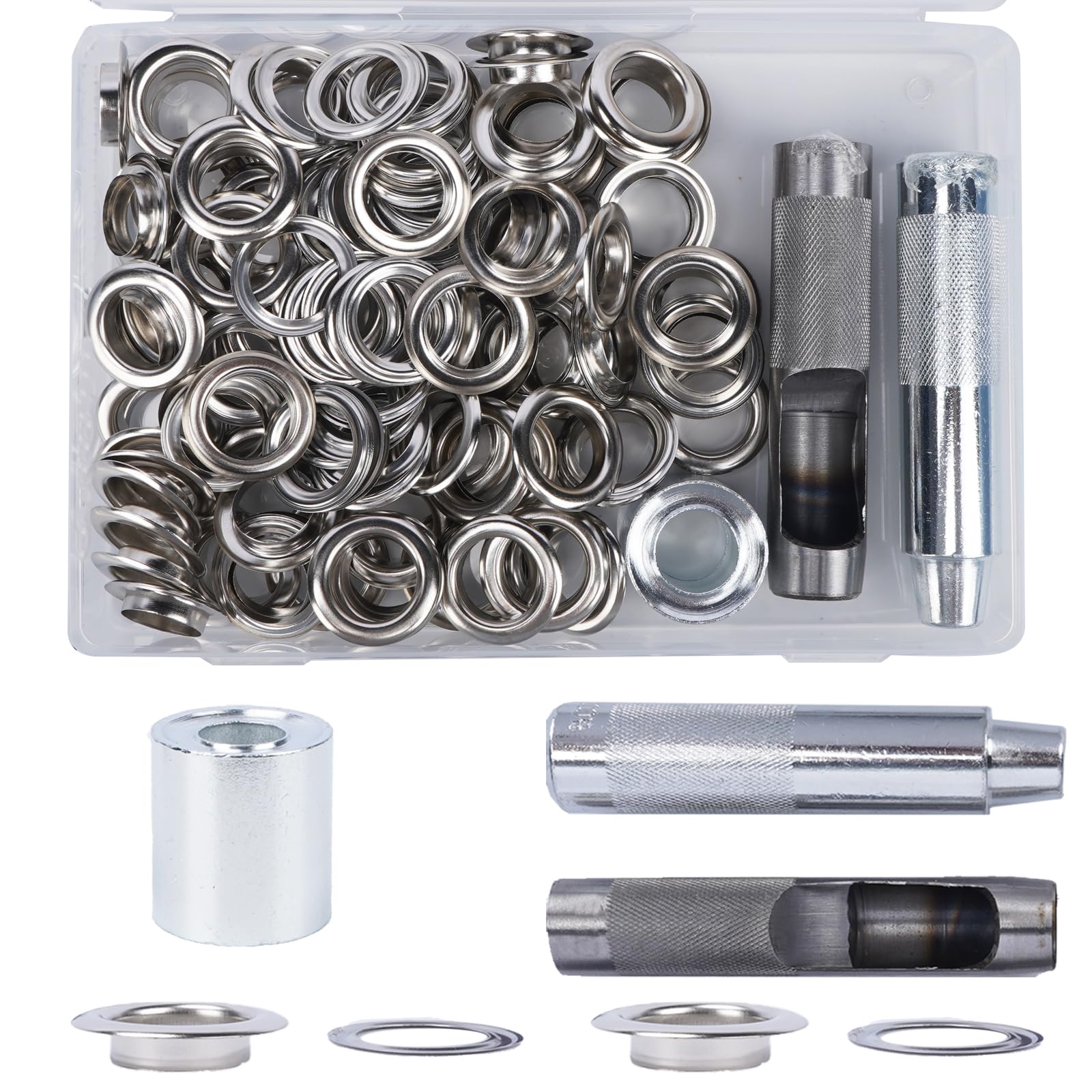 Luabue 100Sets 18mm Eyelet Punch Kit Silver Metal Eyelets Grommet Punch Kit, Tarpaulin Repair Kit 0.71in Grommets Eyelets for Fabric Leather Craft Tarpaulin Curtains DIY and Decoration