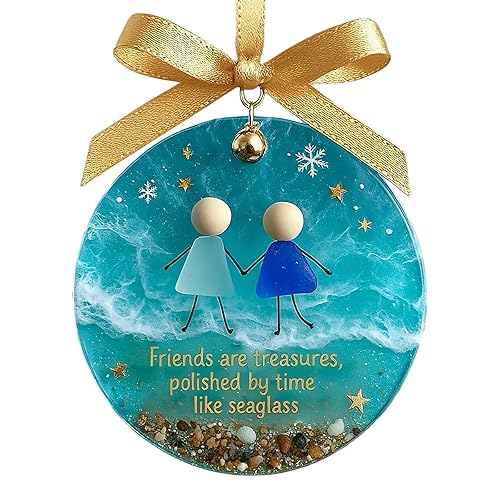 Heart-Shaped Sea Glass Friendship Decor, Friendship Gift For Women,Heart Ornament For Christmas Tree Hanging Ornaments Thank You Keepsake Gift Sentimental, Love Pendant (2D Sea Glass Print) (D)