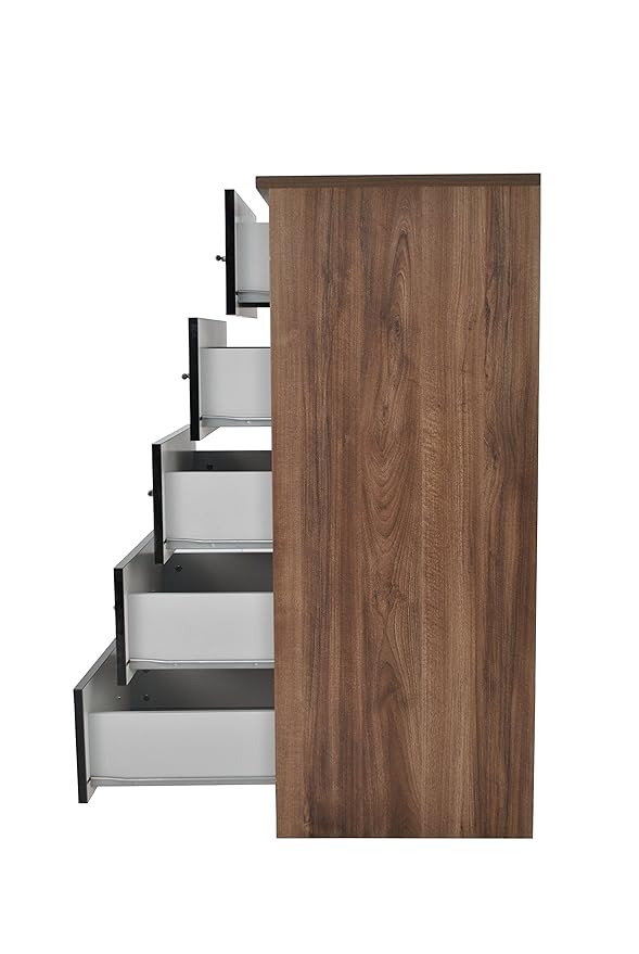 B Q Darwin 5 Drawer Walnut Black High Gloss Narrow Chest W 50