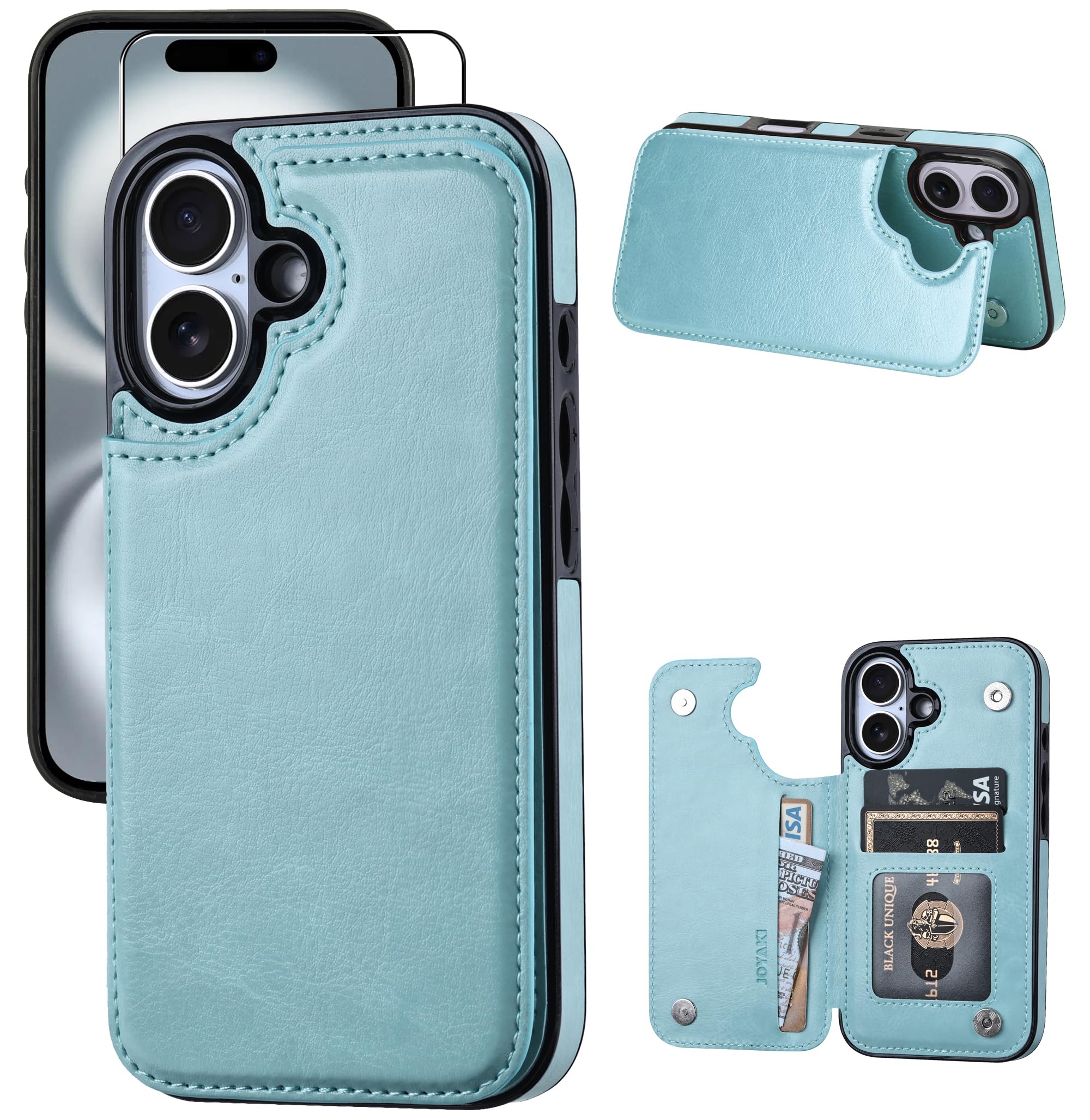 JOYAKI Wallet Case Compatible with iPhone 16 6.1", Slim Protective Case with Card Holder,Premium PU Leather Kickstand Card Slots Case with Double Magnetic Clasp-Ice Blue