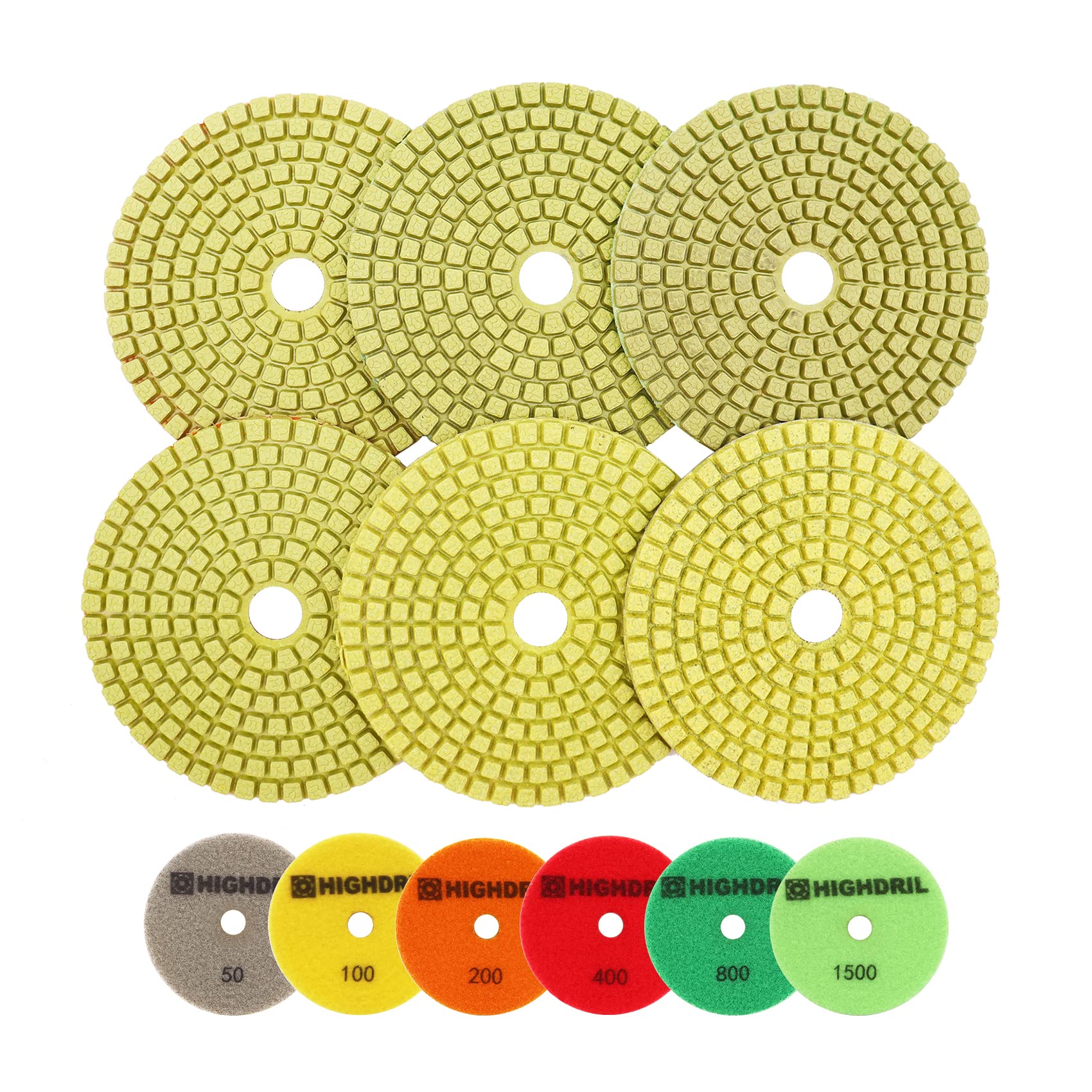 Wet Diamond Polishing Pads,HIGHDRIL 6pcs 100MM (#50+#100+#200+#400+#800+#1500),for Granite Marble Sanding Used on Grinder or Polisher