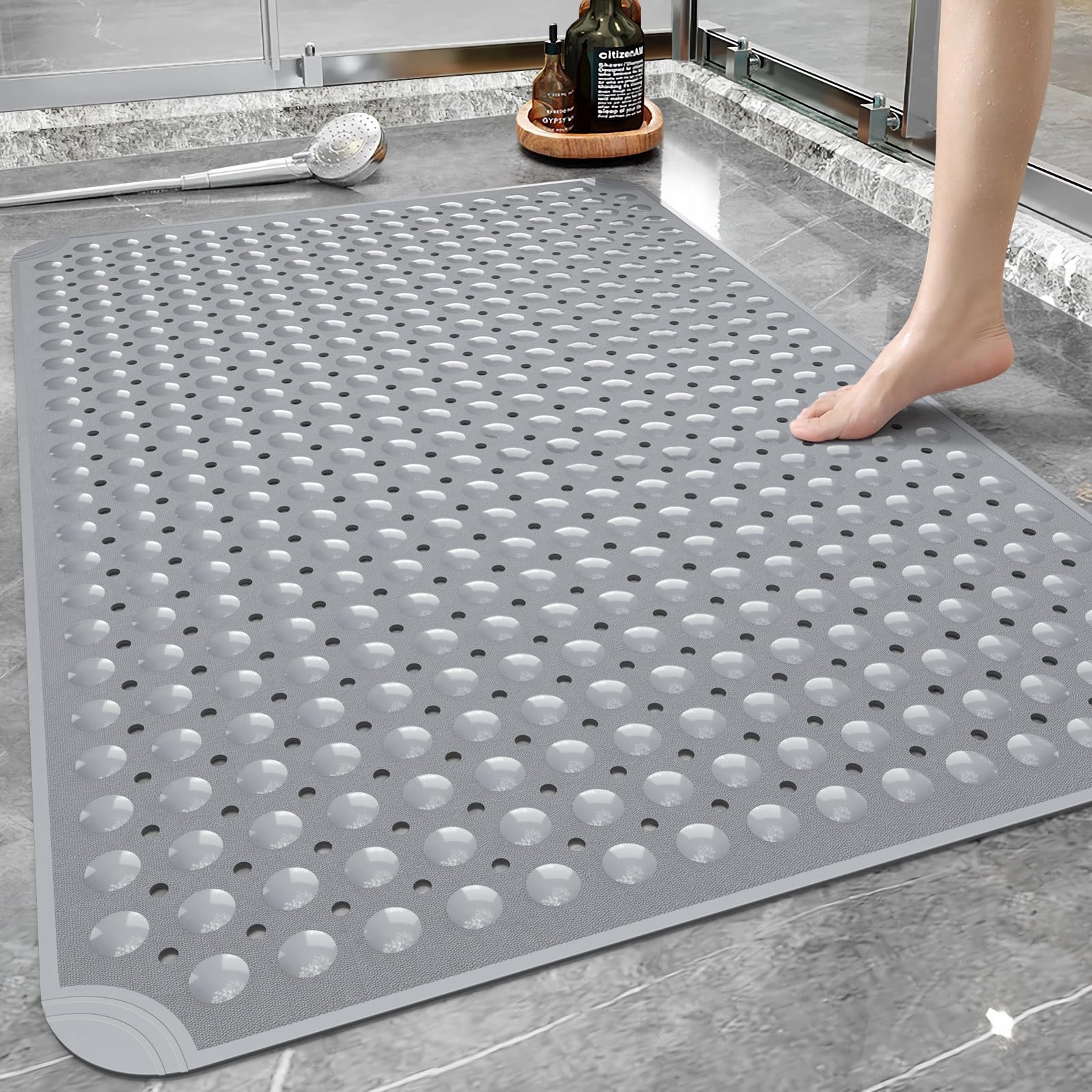 Yolife Extra Large Shower Mat, 58 x 88cm TPE Anti Slip Stand Up Shower Mat with Drain Holes and Suction Cups, Large Size Mat More Suitable for Shower Stall, No Odor, Heavy Mat