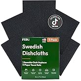 FEBU Swedish Dishcloths for Kitchen | 5 Pack Black Reusable Paper Towels Washable | Swedish Dish Towels | Non-Scratch Cellulose Sponge Cloths | No Odor, Biodegradable Cleaning Cloths