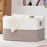 COMFY-HOMI Large Laundry for Organizing|Rectangle Cotton Rope Storage with Handles|Blanket for Living Room|Woven Laundry for Towels, Toys, Clothes-22x15x12”-White/Brown
