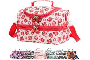 Life on track Insulated Kids Dual Compartment Lunch Bags Tote for Girls Boys Toddler Lunch Boxes Pre-School Toddler Kindergarten Picnic Camp Food Cooler Thermal with Strap (Bright Strawberry)