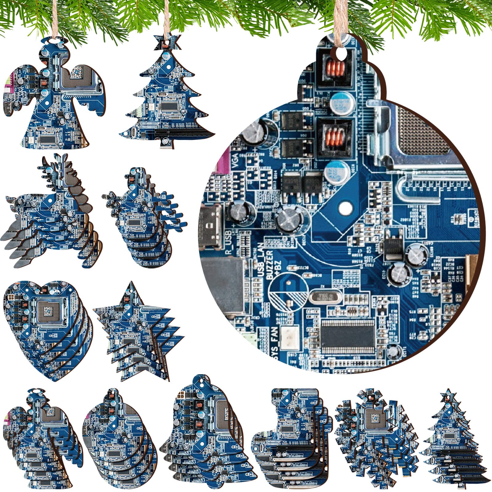 Photo 1 of 40 Pcs Christmas Ornaments Computer Blue Motherboard Processor CPU Wooden Christmas Tree Ornaments IT Gifts Christmas Tree Decorations Rustic Hanging Decor for IT Husband Son Boyfriend Father Gift