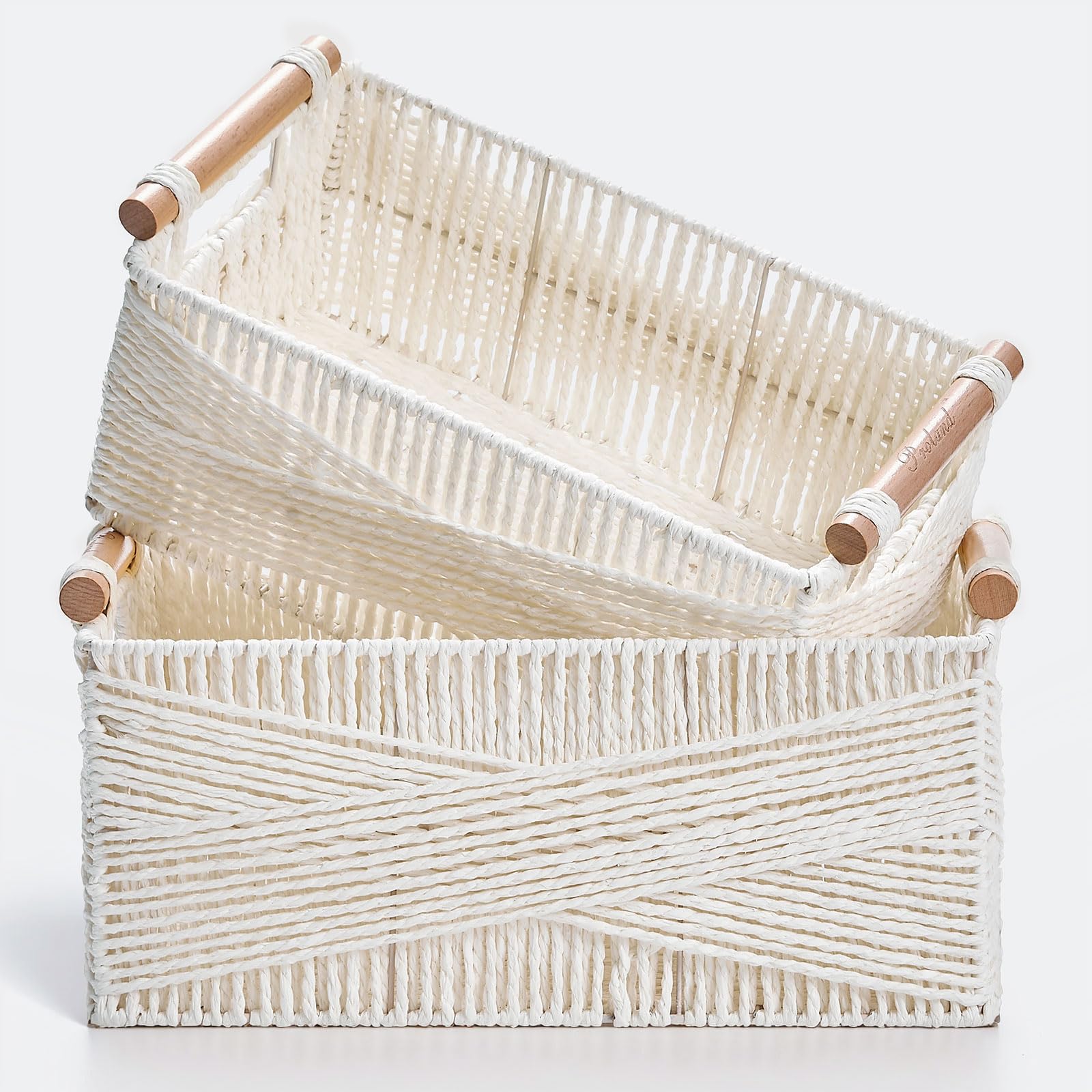 Photo 1 of Storage Basket with Handle, Large Rectangular Wicker Basket for Organizing, Decorative Wicker Storage Basket Woven Basket Organizers for Living Room, Set of 2