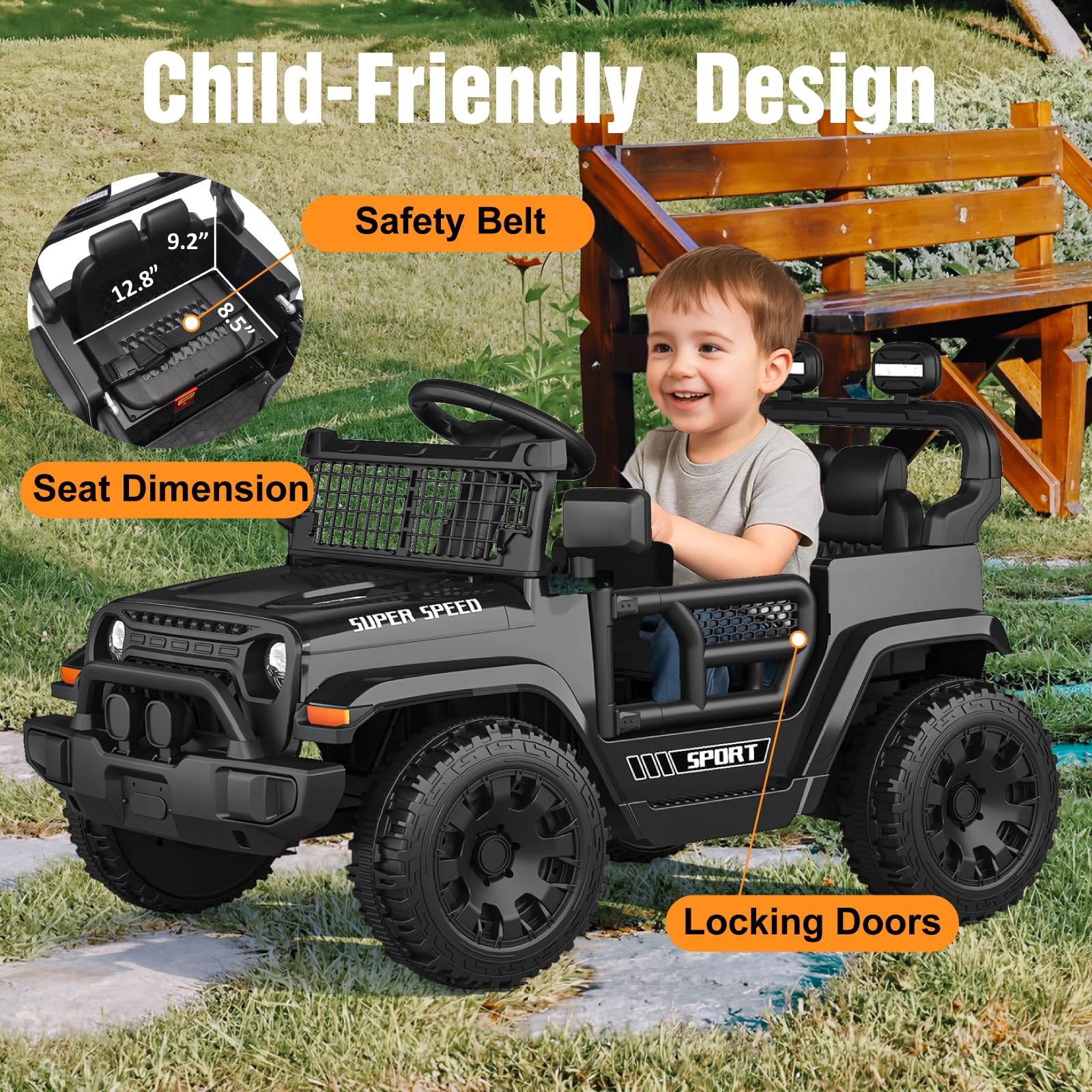 TRINEAR 12V Ride on Truck Car with Parent Remote Control, Electric Toys with Spring Suspension, LED Lights & Music Player - Safe Toddler Battery Car for Kids, Easy to Assemble, Black