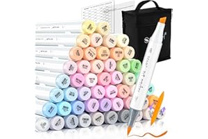 SFAIH Pastel Alcohol Markers Brush Tip - 51 Colors Double Tipped Art Markers for Artist Adult Coloring Illustration, Gifts for Artist Adult, Dual Tip Brush & Chisel, Colorless Blender, Easy Blending