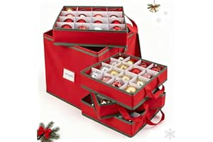 Atrastout Christmas Ornament Storage Box with 4 Trays, Holiday Decor Storage Organizer for 64 Balls, Zippered Oxford Fabric Bin with Adjustable Dividers & Removable Compartments