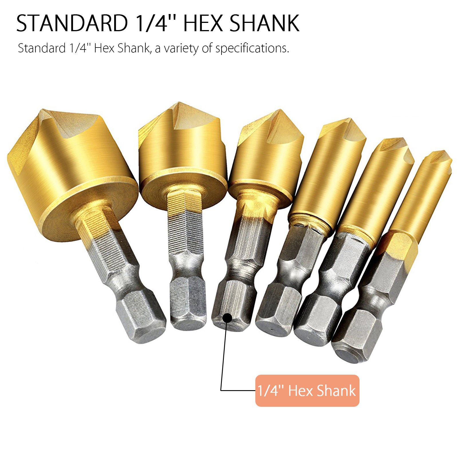 Countersink Drill Bit- 6PCS 90 Degree HSS 1/4\'\' Hex Shank 5 Flute Countersink Drill Bit Set for Wood Quick Change Bit 6mm-19mm