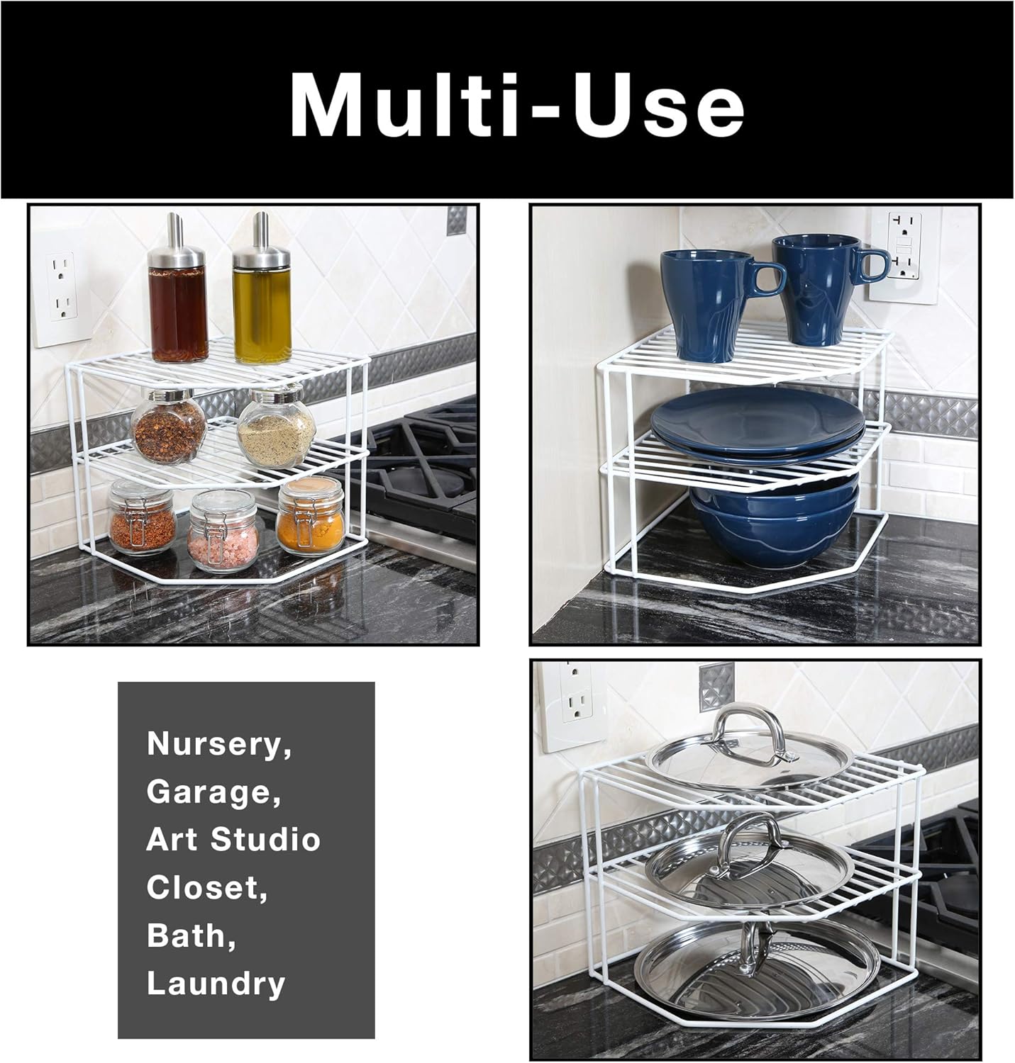 Smart Design 3-Tier Kitchen Corner Shelf Rack - Steel Metal Wire - Rust Resistant - Plates, Dishes, Cabinet & Pantry Organizer - Kitchen Organization (9 x 8 Inch) [White]: Food Savers: Kitchen & Dining