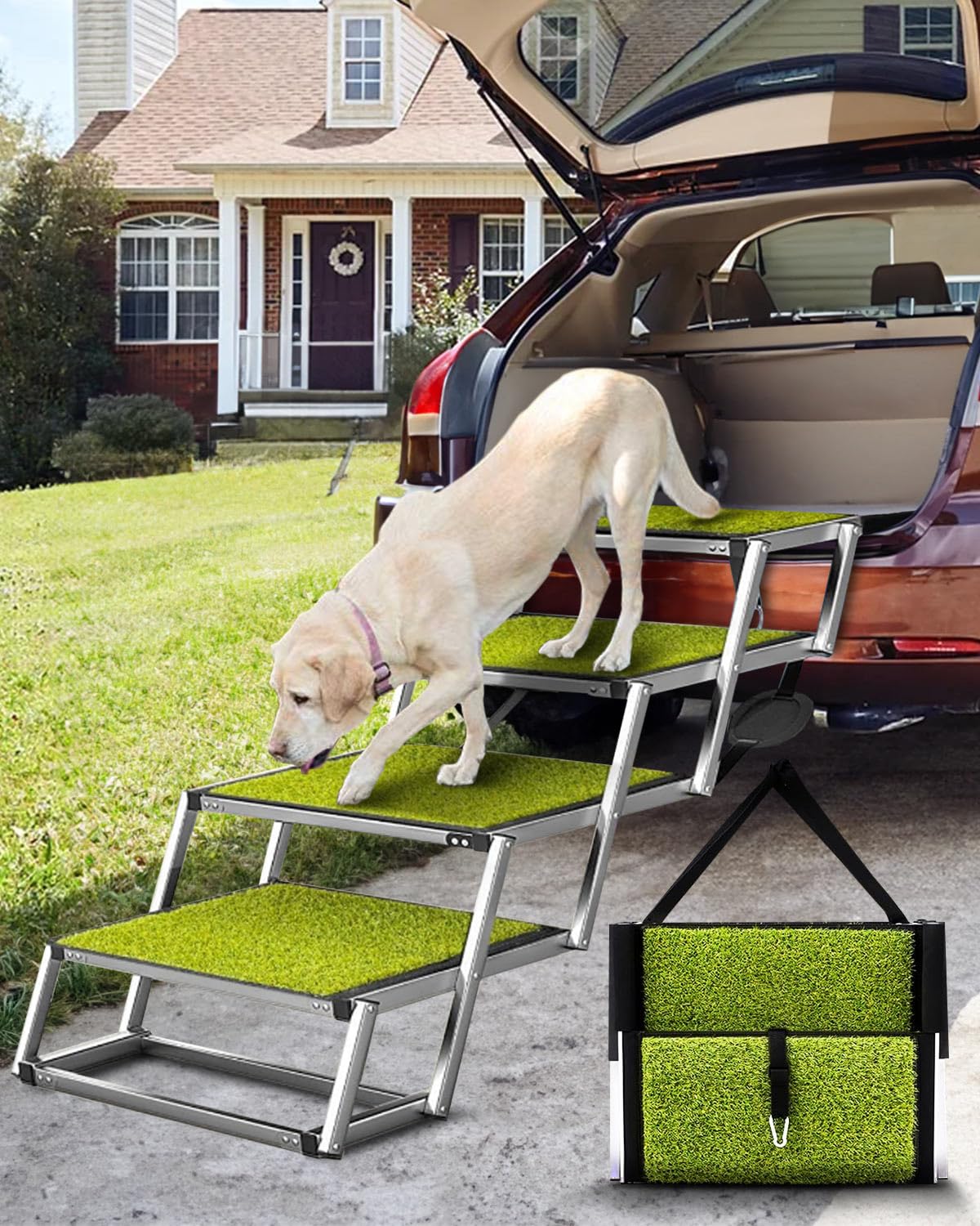Photo 1 of JR JUMIAR Foldable Dog Car Ramp for Large Dogs, 4 Steps Portable Large Dog Steps for Car Truck SUV High Bed, Aluminum Stairs with Grass Padded, Outdoor Ramp Stairs for Dogs Max Up to 200lbs