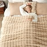 Cozy Bliss Faux Fur Throw Blanket for Couch, Bubble Plush Blanket Queen Size, Fuzzy Soft & Thick Blanket for Bed Sofa Living Room, 90x90 Inches Beige