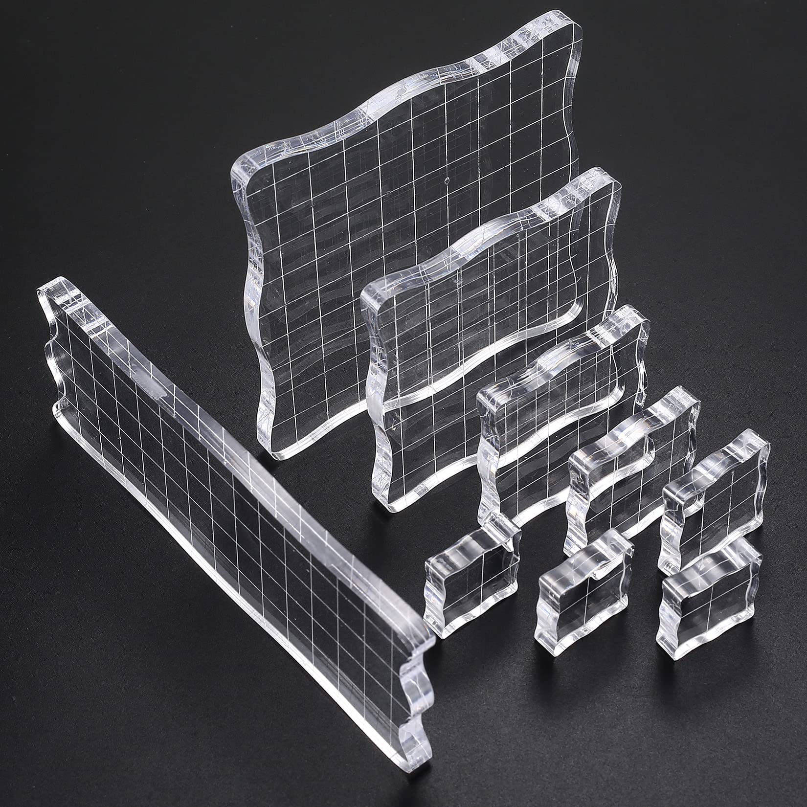 9 Pcs Acrylic Stamp Blocks, Clear Stamping Blocks, Transparent Acrylic Stamps Stamping Blocks Tools with Grid Lines for Scrapbooking Crafts Making, DIY Ornaments - Wavy Curve