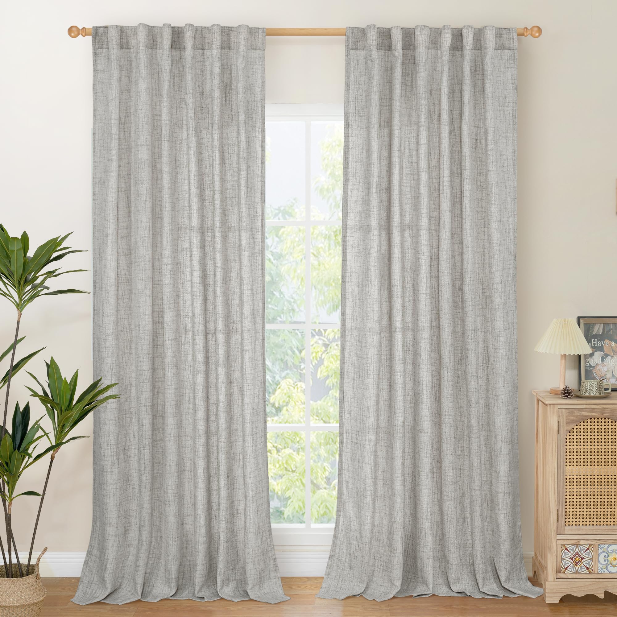 YoungsTex Dark Grey Light Filtering Curtains 84 Inch Length, Linen Drapes Semi Sheer with Rod Pocket Back Tabe for Living Room Bedroom Window Privacy, 52 X 84 Inch, 2 Panels Image