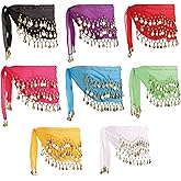MOLFUJ 8 Pcs Belly Dance Hip Scarf, Belly Dancing Skirt with 128 Gold Coins, Belly Dancer Belt Scarf Skirt for Women 8 Colors