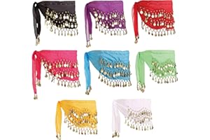MOLFUJ 8 Pcs Belly Dance Hip Scarf, Belly Dancing Skirt with 128 Gold Coins, Belly Dancer Belt Scarf Skirt for Women 8 Colors
