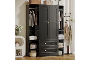 TOKSOM 69” Fluted Large Capacity Storage Wardrobe Armoire, Wardrobe Armoire Wooden Closet with 2 Doors, 3 Hanging Rod Shelves, 2 Drawers & 6 Display Shelves, Bedroom Clothing Storage Cabinet Black