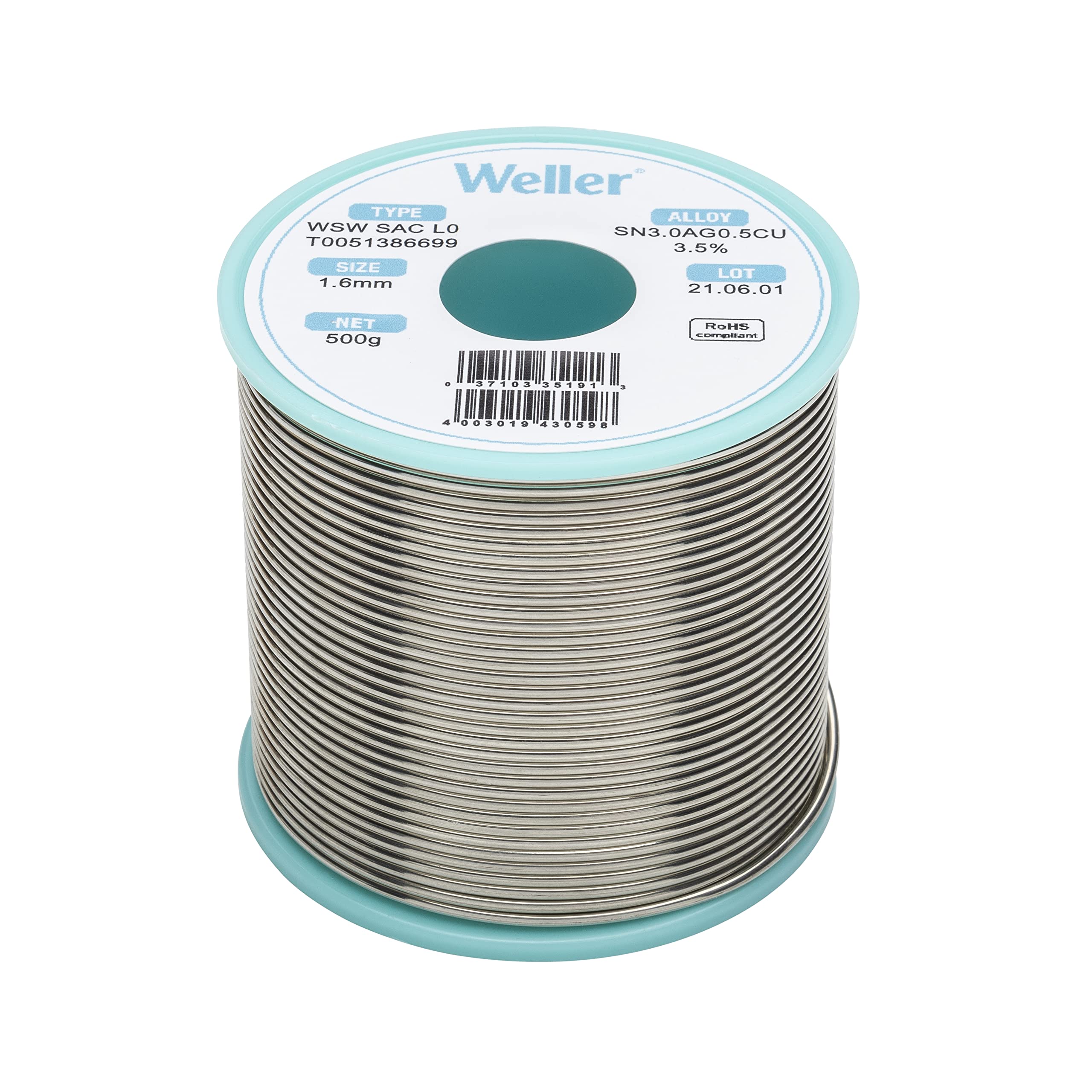 Weller WSW SAC L0 (T0051386699) Lead Free Solder Wire, Ø 1,6mm, Alloy Sn96.5Ag3.0Cu0.5, Flux content 3.5%, 500g