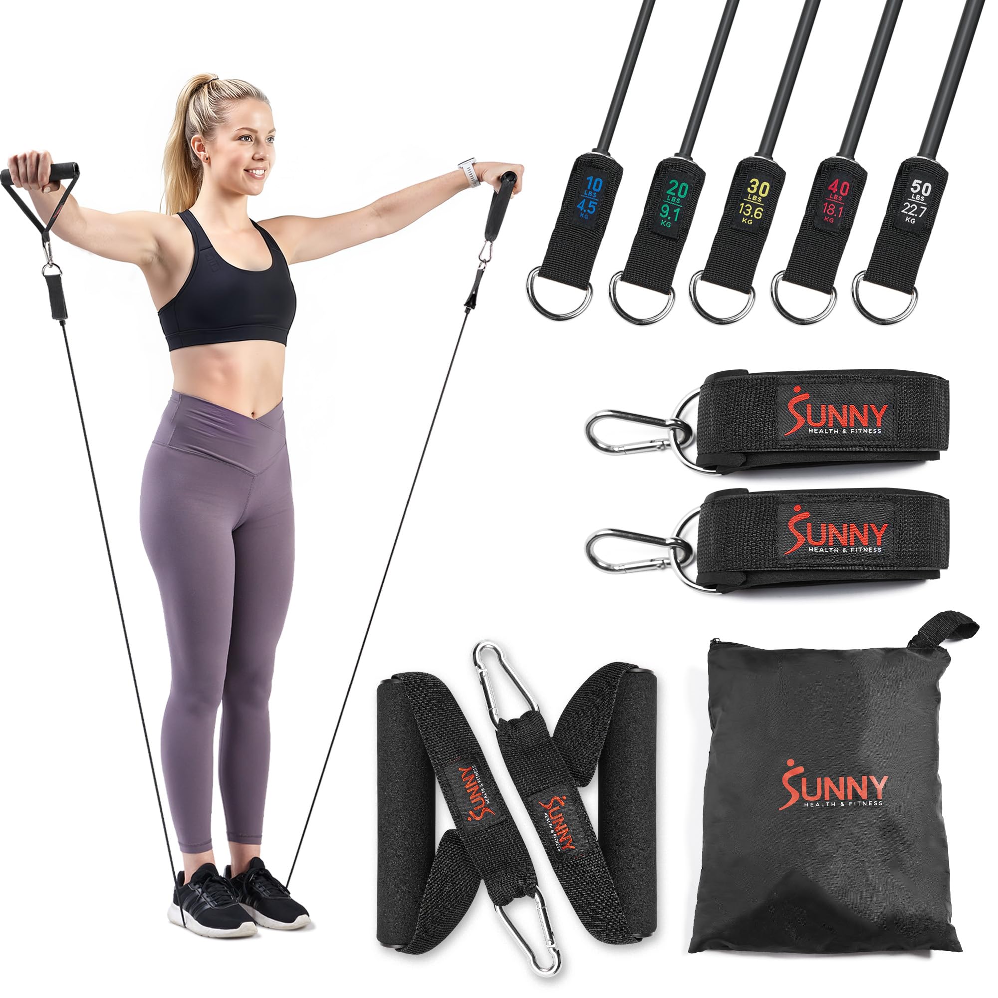 Sunny Health & Fitness Premium Resistance Band Set With Door Anchors, Wrist Straps, Handles & Carry Bag – Exercise Stretch Bands For Strength Training, Muscle Recovery, Yoga and More - NO. 089-COMBO