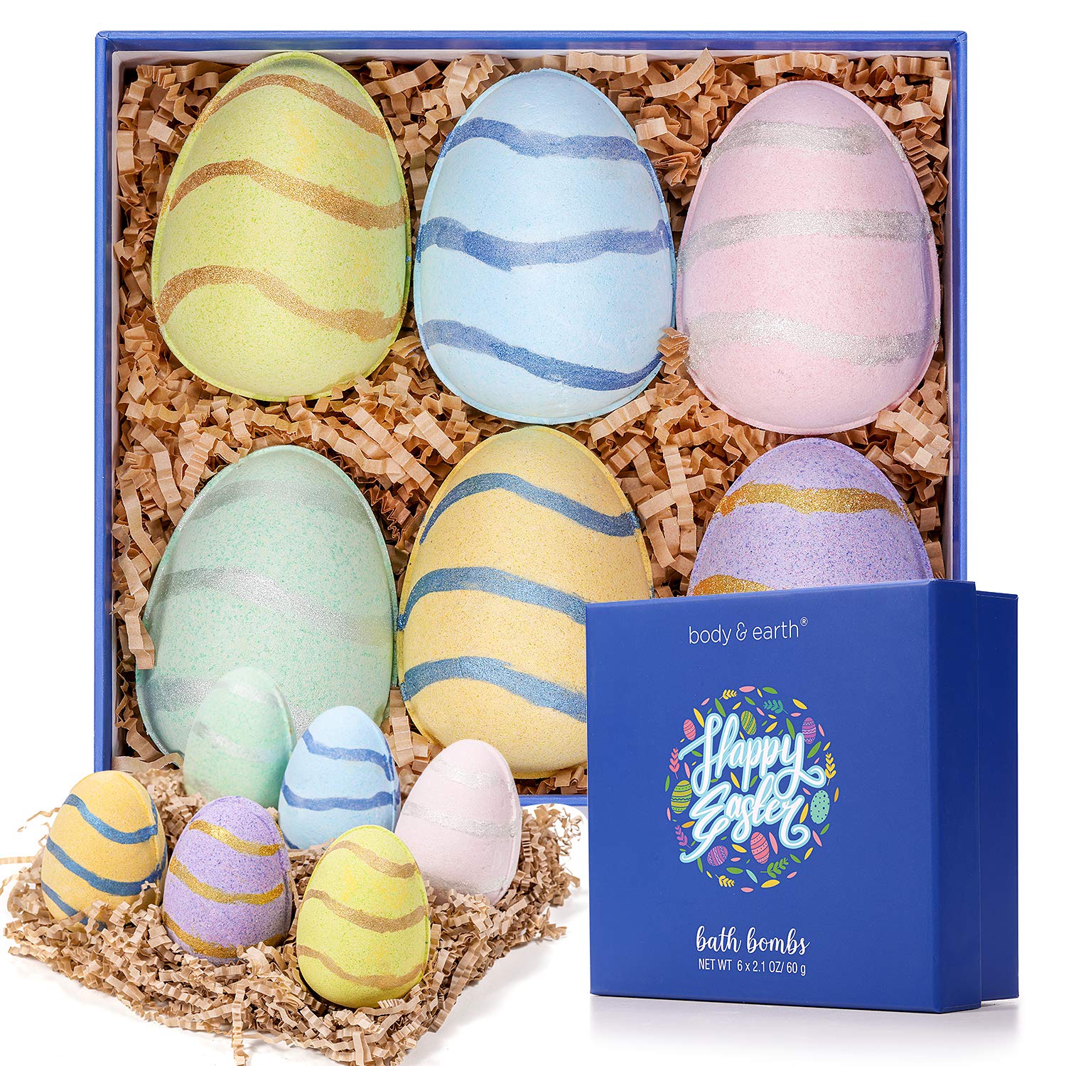 BODY & EARTH Easter Egg Bath Bombs Gift Set - 6pcs Easter Kids Bath Bombs,Green Tea, Coconut, Ocean, Lavender, Vanilla and Cherry Blossom, Easter Gifts for Women,Teenage, Father, Friends
