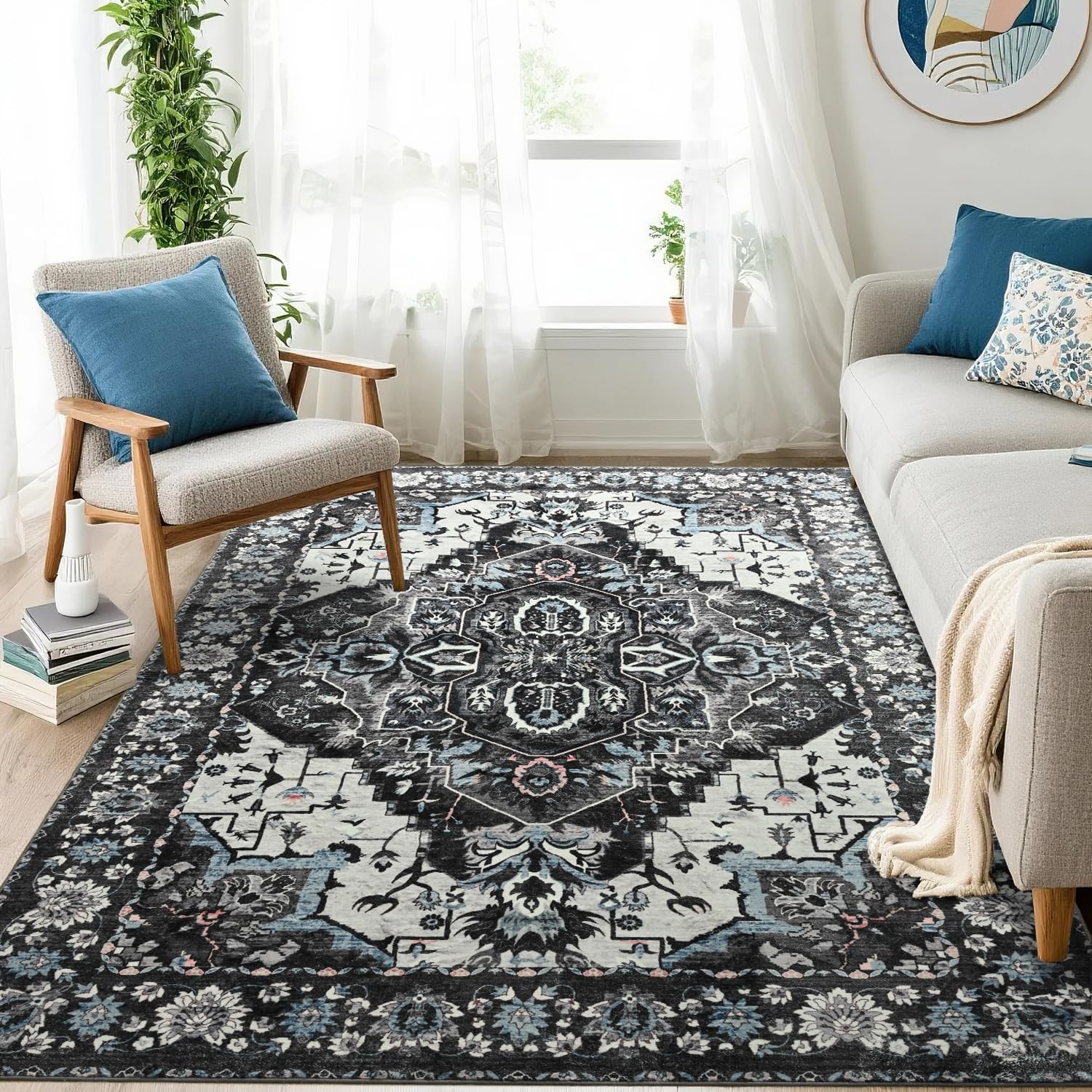 Photo 1 of Area Rugs 4x6 for Living Room, Bedroom, Washable Vintage Rugs -Low Pile Soft Distressed Rugs for Kitchen, Dining Room, Non Shedding, Black and Blue