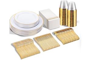 SUT 175 PCS Plastic Plates, 175 Pieces Disposable Heavy Duty for 25 Guests, White Gold Geometric Pattern Dinner Plates with Napkins and Cups, BPA Free