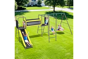 Hapfan 660lbs Swing Set with Slide,Crawl Tunnel and Monkey Bars for Backyard,5 in 1 Metal Swingset Outdoor for Kids Aged 3-12