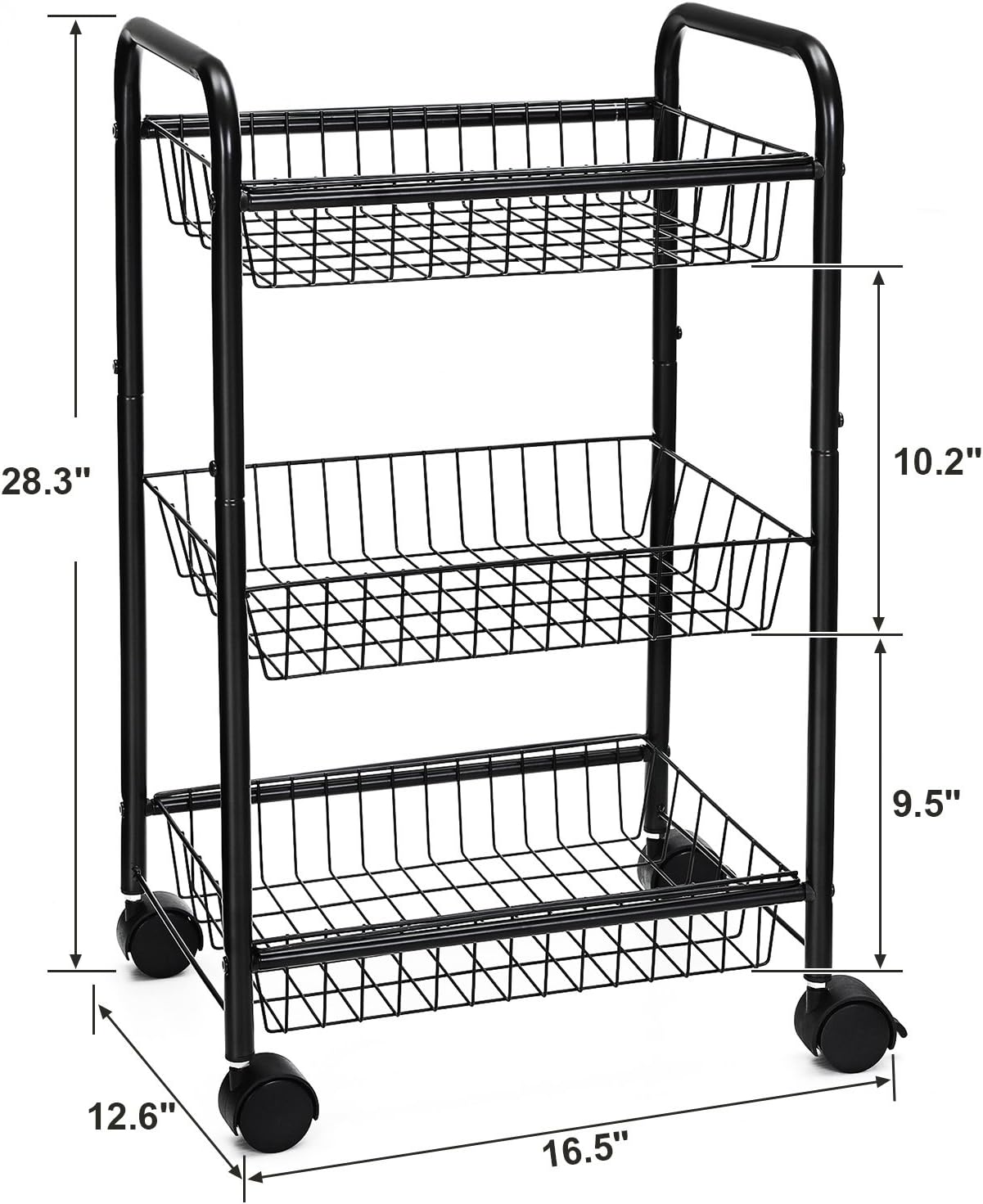 SONGMICS 3-Tier Metal Rolling Cart on Wheels with Baskets, Lockable Utility Trolley with Handles for Kitchen Bathroom Closet, Storage with Removable Shelves, Black UBSC03BK: Home & Kitchen