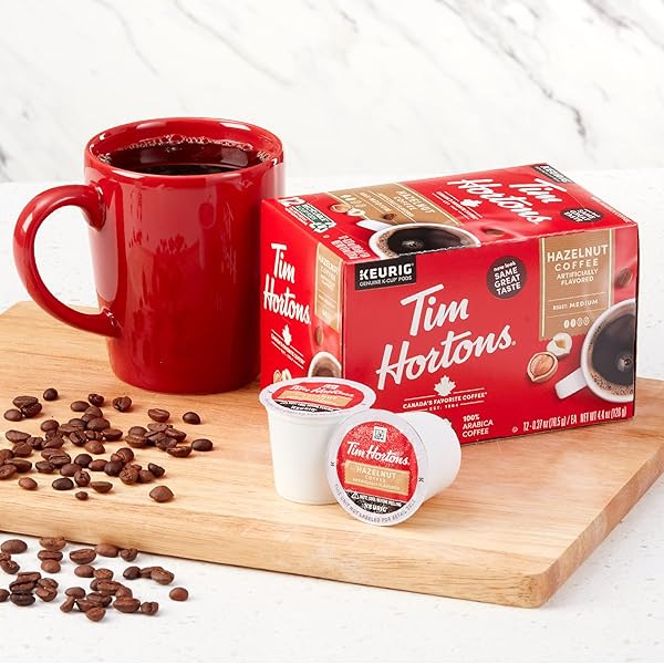 TIM HORTONS HAZELNUT FLAVORED, MEDIUM ROAST COFFEE, SINGLE-SERVE K-CUP PODS COMPATIBLE WITH KEURIG BREWERS, 12CT K-CUPS, RED