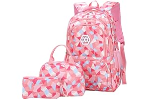JiaYou Girl Geometric Printed Primary Junior High University School Bag Bookbag 3pcs Backpack Sets(2# Pink-3pcs,35 L)