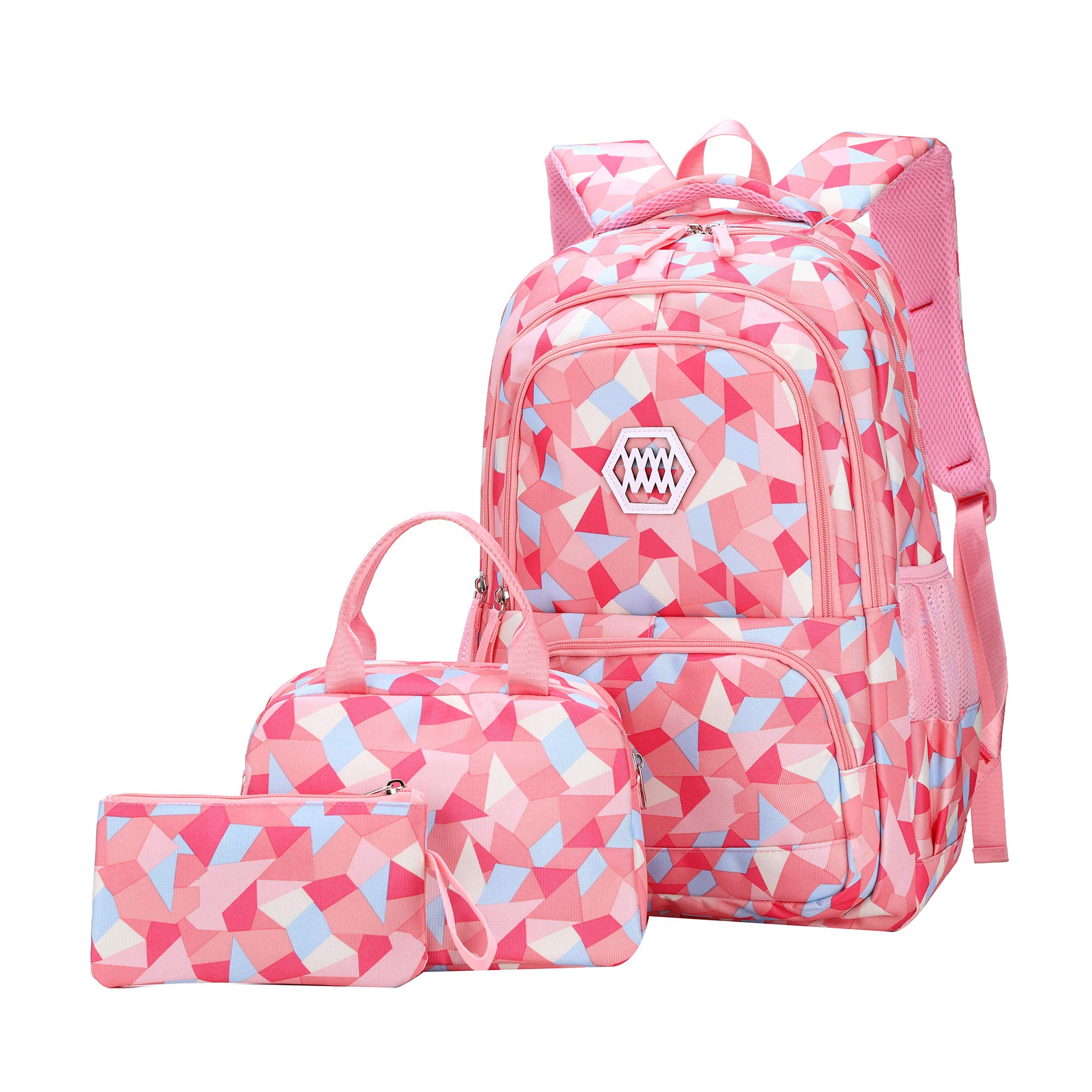 SellerFun Girl Geometric Printed Primary Junior High University School Bag Bookbag 3pcs Backpack Sets(2# Pink-3pcs,19L)