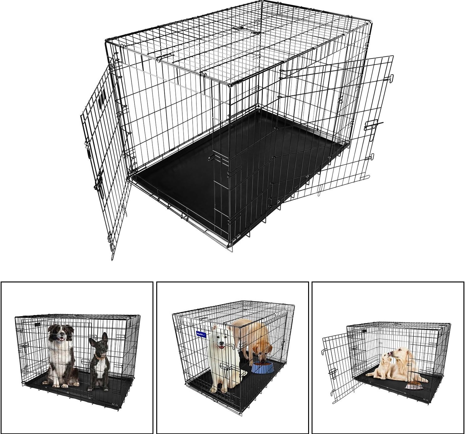iMounTEK Folding Metal Pet Dog Puppy Cat Cage Crate Kennel W/Tray. 2 Doors Wire Cage for Training, Removable & Washable Pan Tray [Rust Resistant] Quick Assembly