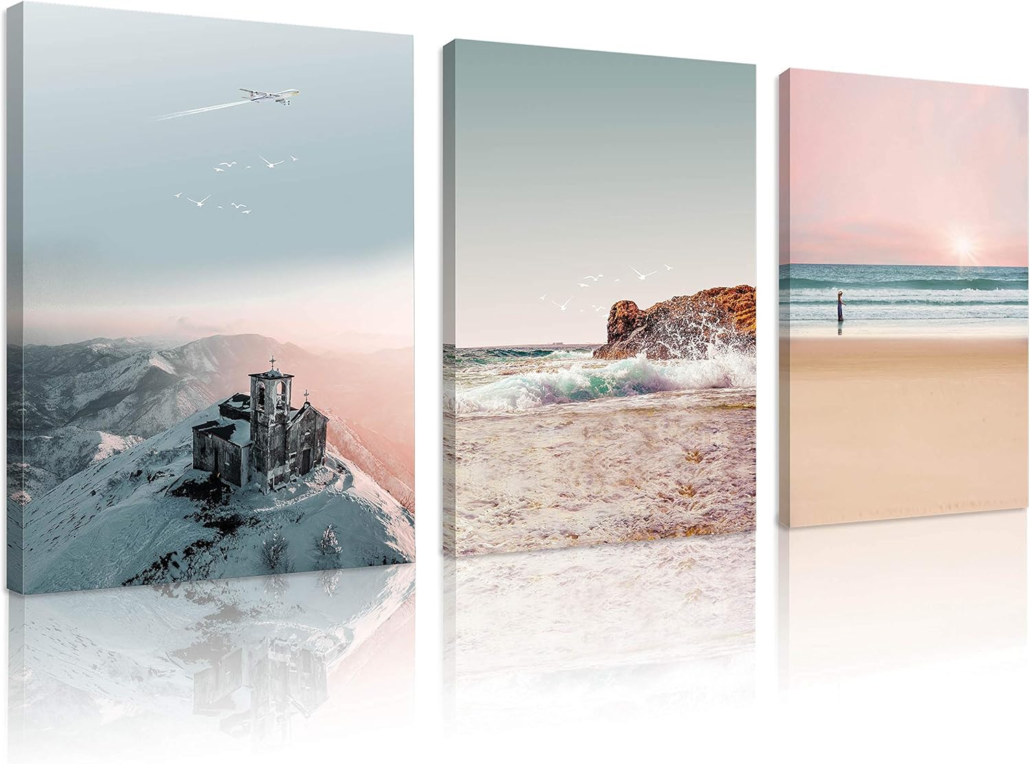 Amazon Com Natural Art Snow Mountain Landscape Artwork Sea Wave Canvas Wall Art Pink Beach Canvas Painting Framed For Living Room Kitchen Office Bar Wall Decor 12x16inchx3panels Posters Prints