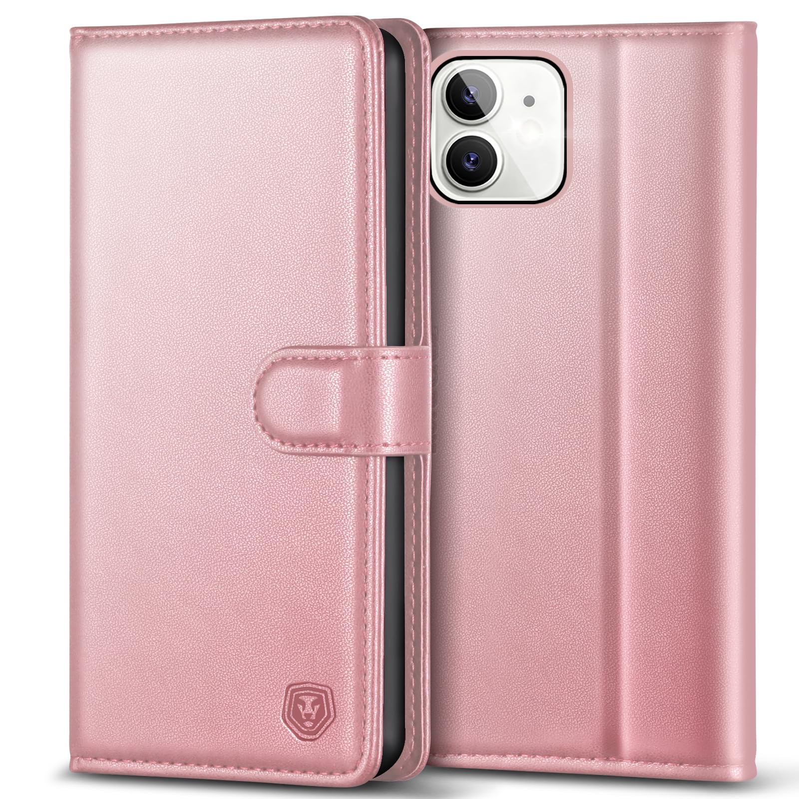 Kuafcase Compatible for iPhone 12/12 Pro Case with 4 Card Slots Magnetic Closure Kickstand Shockproof Protective Phone Case Compatible for iPhone 12/12 Pro - Rose Gold — image 1