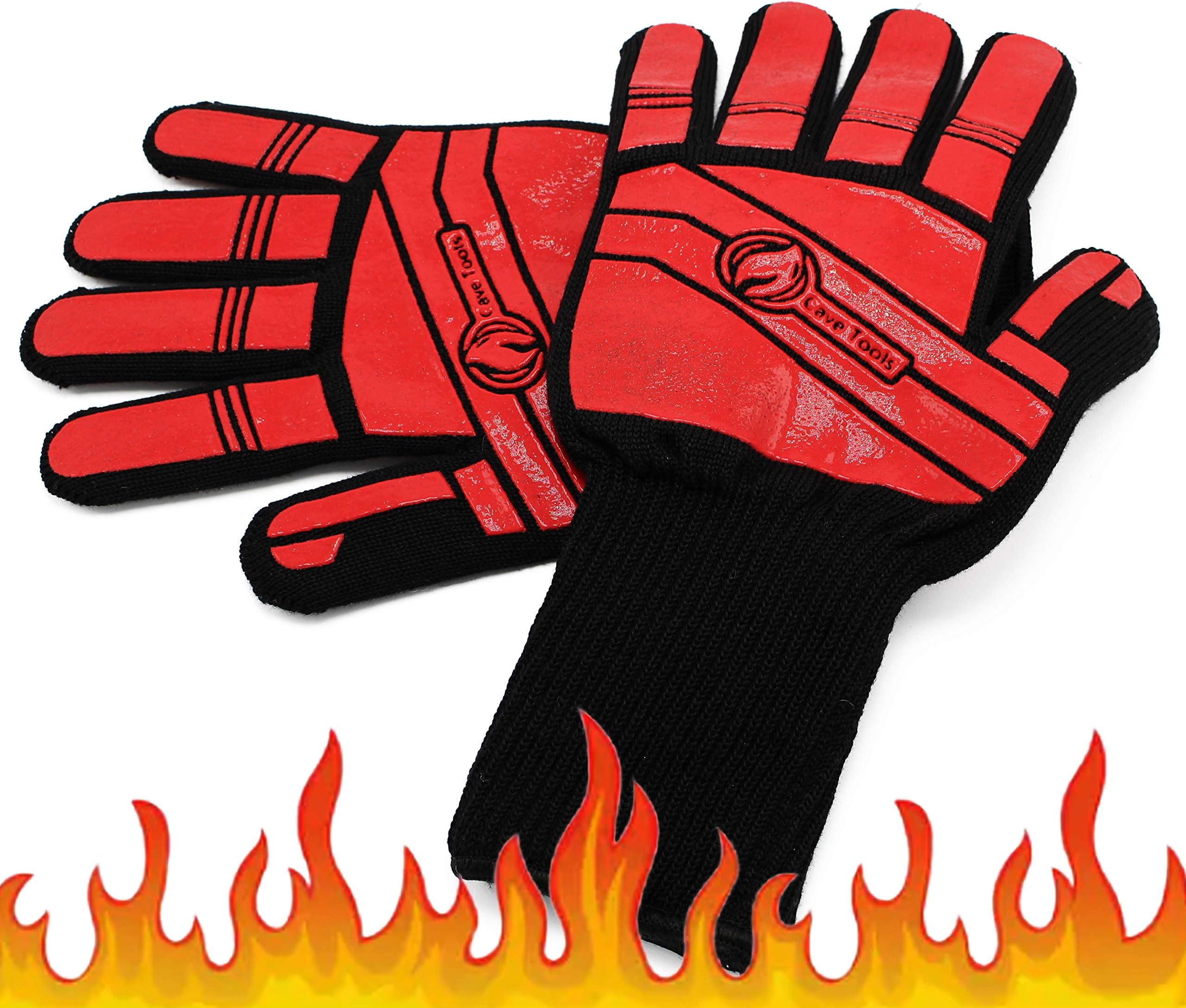Cave Tools BBQ Glove Oven Mitts - Max Heat Resistant Grill & Cooking Pot Holders Set with Silicone & Aramid Kevlar - Use by Barbecue Smoker Fire or Hot Baking in Kitchen - Grilling Accessories