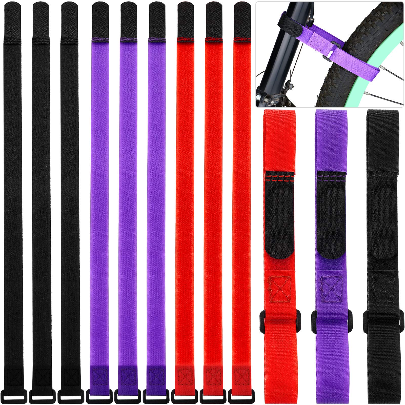 Photo 1 of 12 Pieces Bike Rack Straps 23.6 Inches Adjustable Bike Cinch Straps Wheel Stabilizer Bicycle Accessories for Transporting Bicycles(Black, Purple, Red)