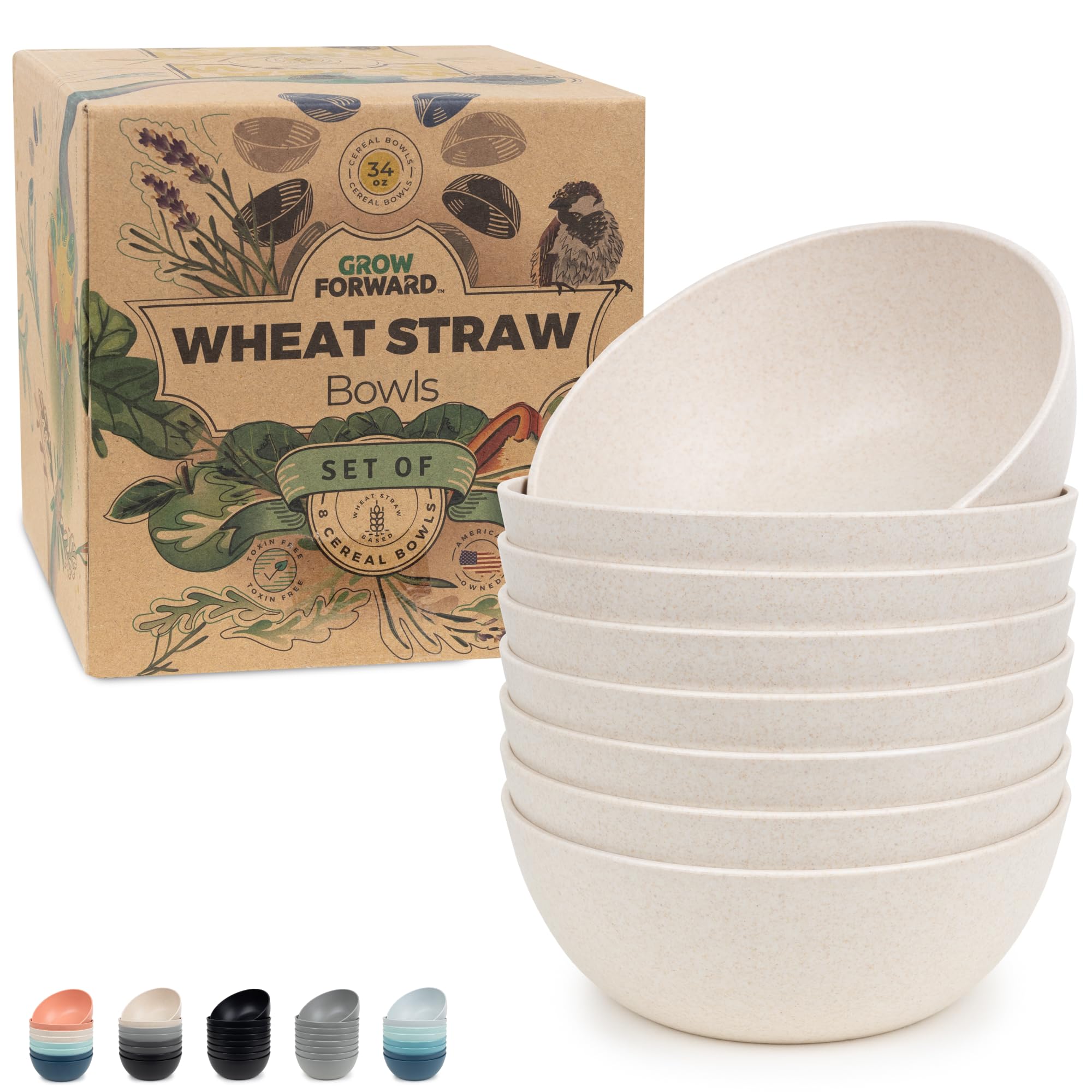 Photo 1 of Grow Forward Premium Wheat Straw Bowls - 34oz Microwave Safe Plastic Cereal Bowls Set of 8 for Kitchen, Camping, RV, Dessert, Snack, Soup, Salad, Fruit - Reusable, Unbreakable & BPA Free - Sahara