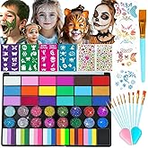 Face Painting Kit for Kids, 42 Colors Professional Face Paint Makeup Kit Non-Toxic Water Activated Facepaint Palette with Brush, Stencil, Sponge, Gem, for Party Halloween Christmas (42 Colors)