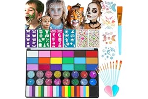 LOVLOV Face Painting Kit for Kids, 42 Colors Professional Face Paint Makeup Kit Non-Toxic Water Activated Facepaint Pallette with Brushes, Stencils, Sponge, Gems, for Party Cosplay Halloween (42 Colors)