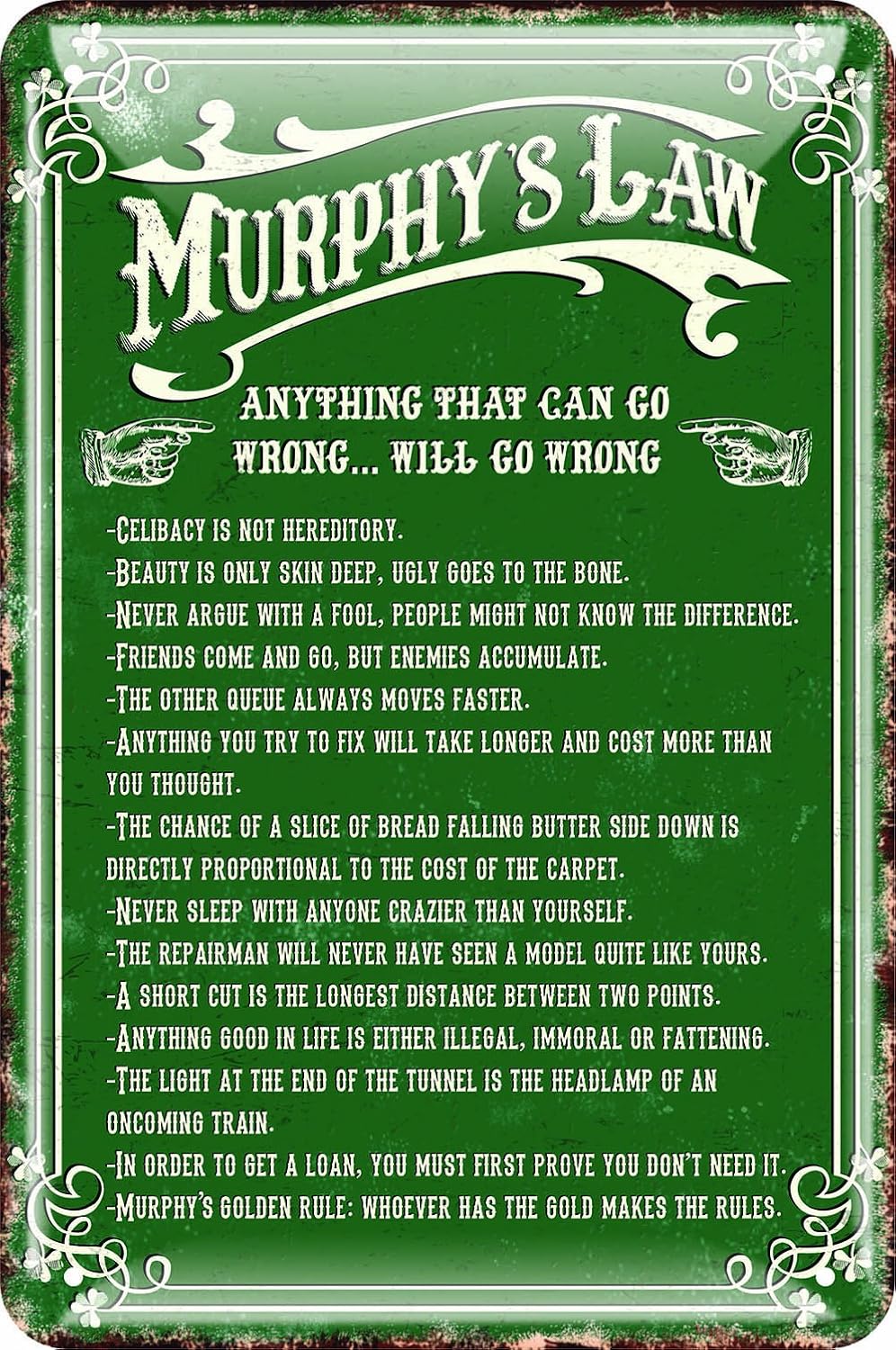Amazon Com Shamrock Gift Irish Metal Sign Murphy S Law Green One Size Clothing
