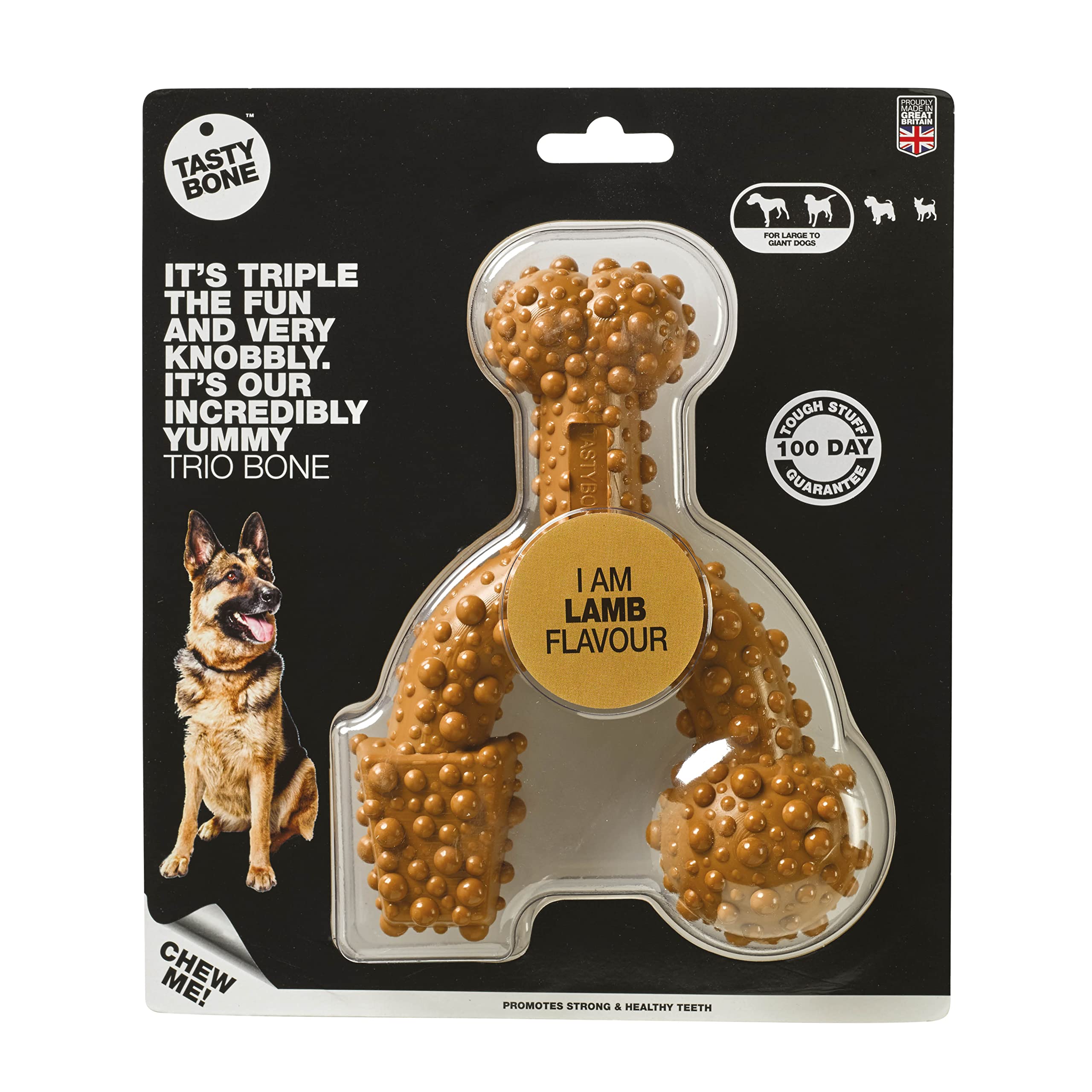 TastyBone TrioBone Nylon Dog Chew Toy for Large Dogs (Lamb) - Indestructible for Aggressive Chewers, Everlasting Flavour, Strong Healthy Teeth, Made in the UK