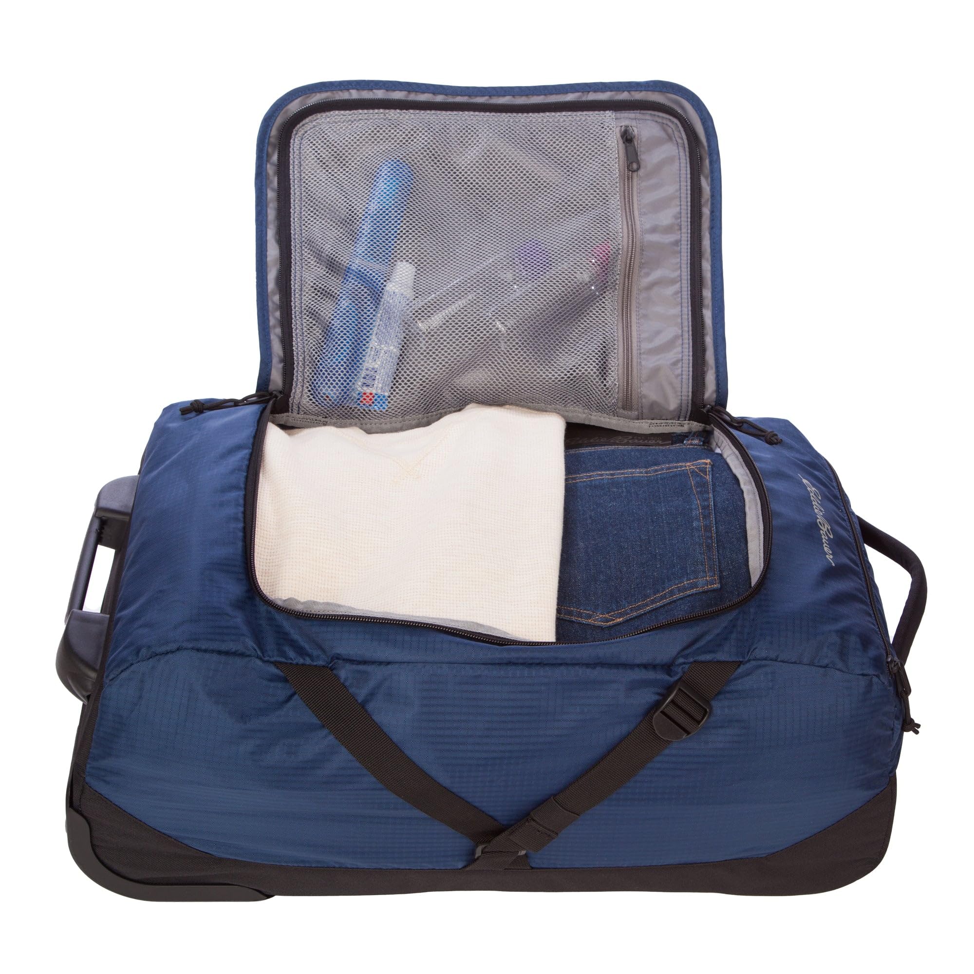 Eddie Bauer Traverse Rolling Duffel Bag-Made from Ripstop Polyester with Telescoping Handle, Medium Indigo, 22L