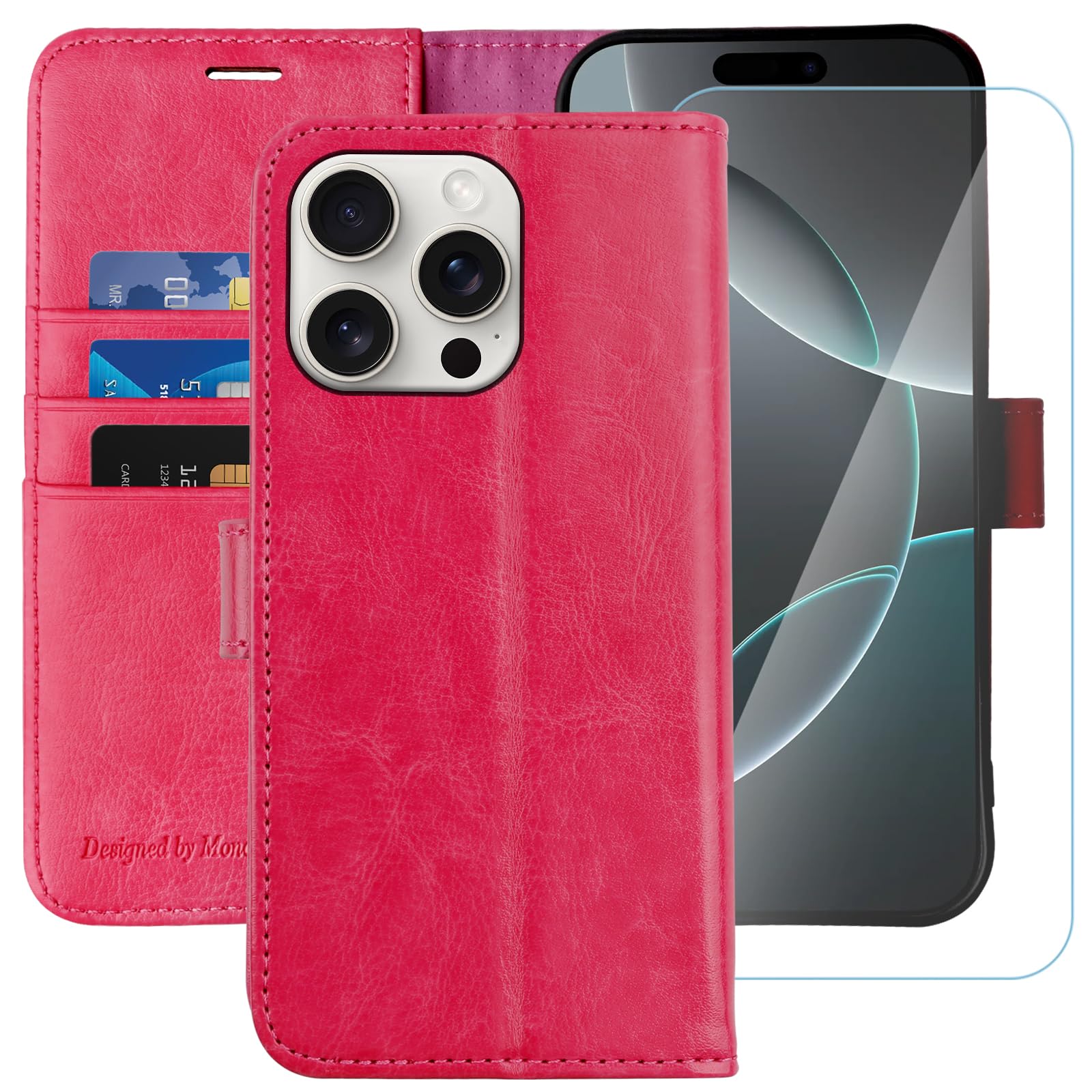 MONASAY for iPhone 16 Pro 5G Wallet Case,[Glass Screen Protector Included] [RFID Blocking] Flip Folio Leather Cell Phone Cover with Credit Card Holder, 6.3-inch, Hot-pink
