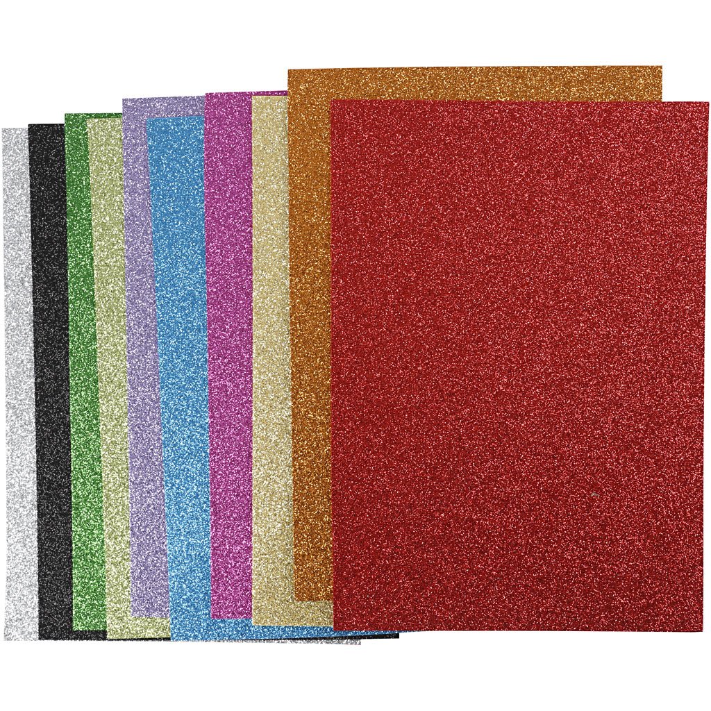 EVA Foam Sheets, A4 21x30 cm, thickness 2 mm, asstd. colours, glitter, 10asstd sheets