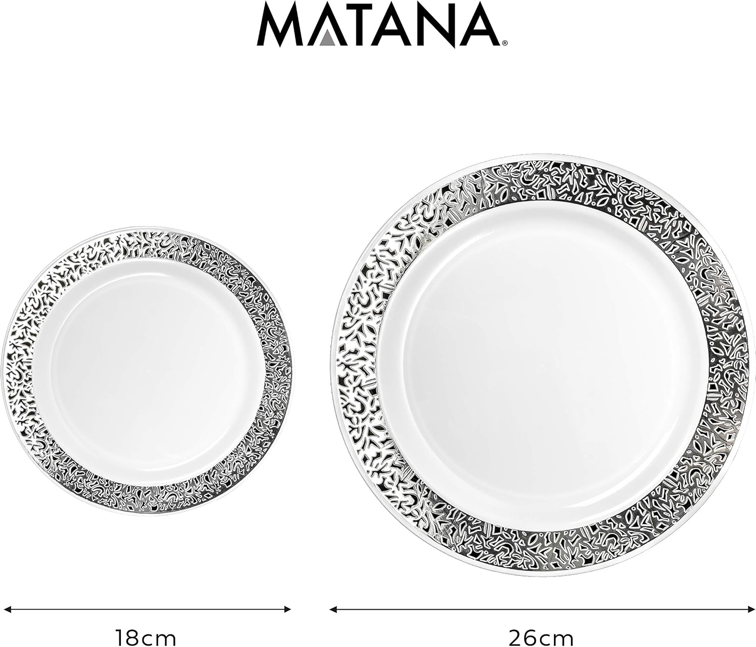 MATANA 40 Premium White Plastic Plates with Silver Lace Rim, 20 Dinner and 20 Dessert Plates - Image 4