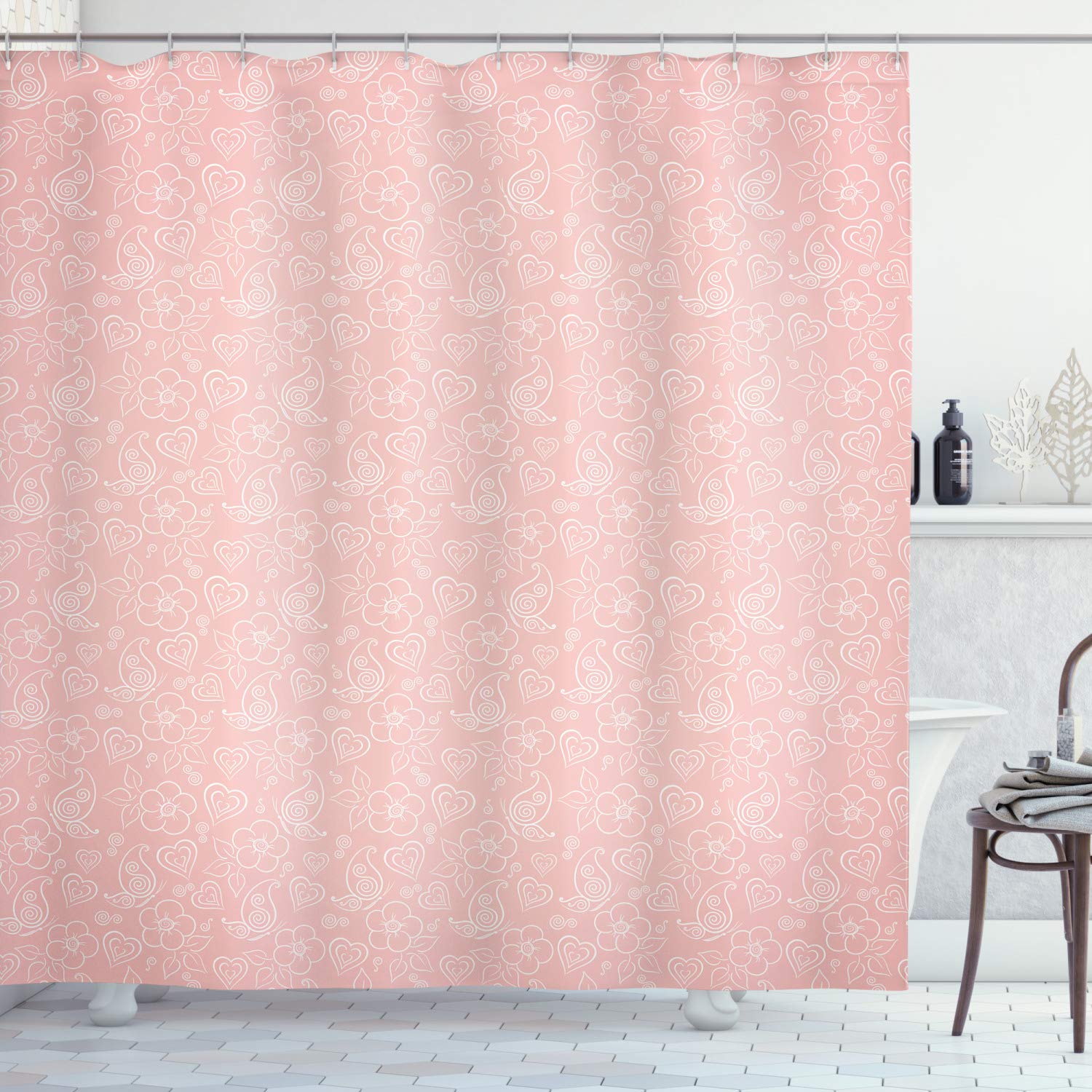 ABAKUHAUS Pale Pink Shower Curtain, Flowers Spiral Leaves Heart Lovers Romantic Girls Ornate Design, Cloth Fabric Bathroom Decor Set with Hooks, 94 Inches, Coral White